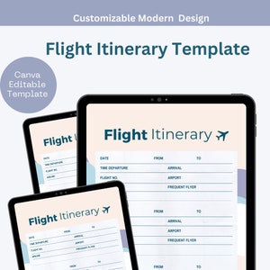 Modelo moderno de itinerário de voo - Organize seus planos de viagem com estilo - Editável e imprimível para maior comodidade
