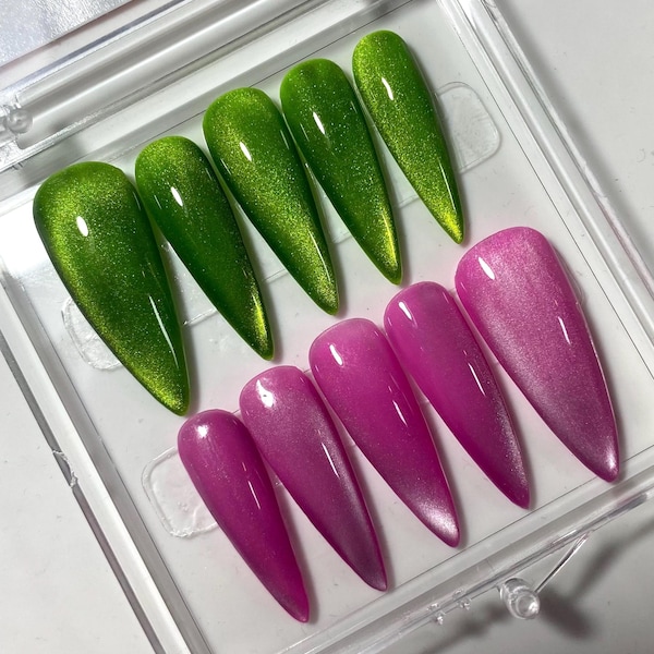 Wicked Inspired Nails- Green & Pink Cat Eye Press on Nails
