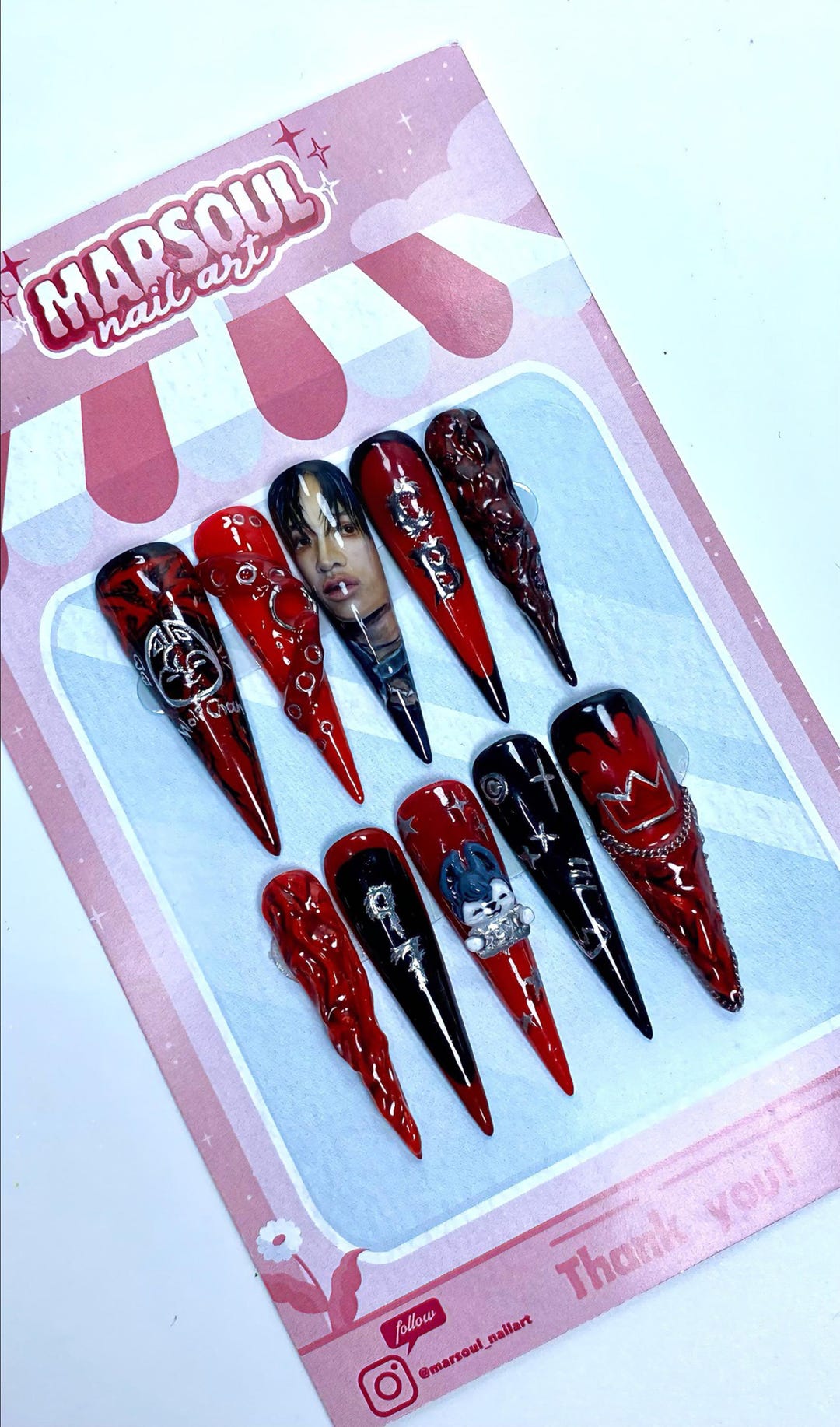 Red & Black Hand-painted Kpop Custom Nail Set | CB97 Inspired Fan Art ...