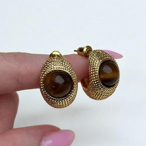 Gold Minimalistic Waterdrop Earrings, Pinterest tarnish free earrings, Droplet tiger eye fashionable delicate studs, Dome chunky hoops