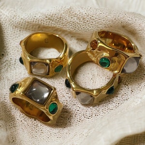 Irregular Chunky Ring Gold, Colorful Gemstone Ring, Summer Maximalist Ring, Thick Molten Gold Band, y2k waterproof, baroque colorful gems