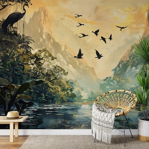 VIntage Oil Painting Scenic Wall Mural, Chinoiserie And Birds Wallpaper,  Rural Painting Wallpaper,  Landscape Wallpaper Peel and Stick