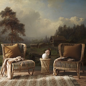 Vintage Landscape Wallpaper Mural: Oil Painting Scenic Peel and Stick