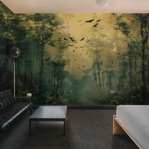 Papel pintado de paisaje autoadhesivo, papel pintado vintage de bosque, papel pintado con paisajes de pájaros y árboles, mural de naturaleza, mural de selva tropical