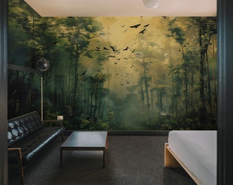 Mural de papel tapiz autoadhesivo de selva tropical: pájaros y árboles vintage