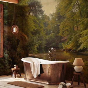 Papel tapiz de paisaje de río, papel tapiz rural, papel tapiz vintage despegable y adhesivo, mural de papel tapiz escénico, papel tapiz bohemio despegable y adhesivo, pintura al óleo