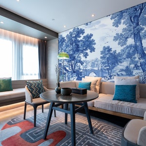 Papel de parede vintage azul monocromático com paisagem, mural de parede cênico removível, papel de parede azul removível e adesivo, papel de parede mural Toile De Jouy