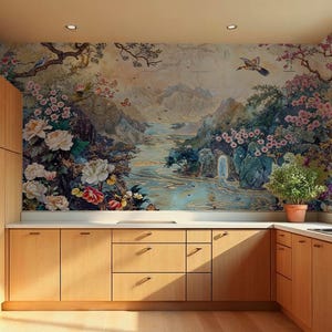 Elegant Asian Scenic Wallpaper, Chinoiserie Garden Landscape Wallpaper,  Oriental Floral Landscape Mural,  Gold Accents Scenic Wallpaper