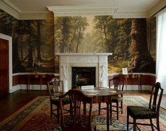 Mural de papel tapiz con vista al bosque: estilo pintura al óleo, despegar y pegar
