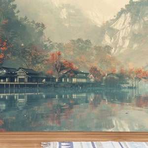 アジアの油絵風の貼ってはがせる壁紙、レトロな風景風壁紙、ヴィンテージの森の壁紙、湖畔の壁紙、古代の壁画