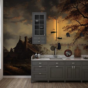 Vintage Cottagecore Landscape Wall Mural: Sunset Forest River Wallpaper