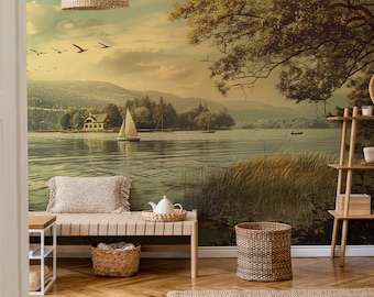 Mural de pared de paisaje, mural de pared de cáscara y palo de paisaje natural, fondo de pantalla panorámico del río, fondo de pantalla costero, fondo de pantalla escénico vintage