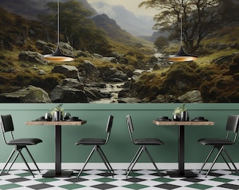 Mural de paisaje oscuro: Papel pintado con arroyo escénico, despegable y pegable