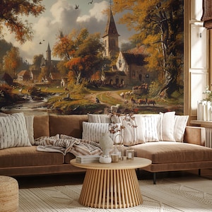 Schloss Tapete Schälen und Aufkleben Vintage, Ölgemälde Panorama Landschaft Wandbild, Historisches Wallpaper Wandbild, Retro Tapete
