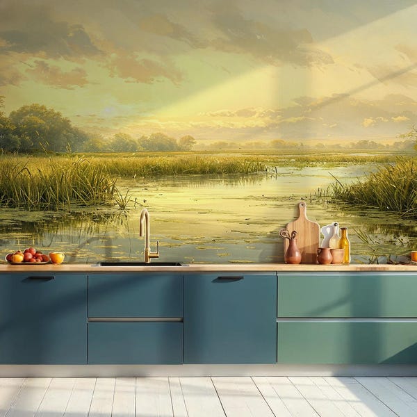 Golden Marsh Sunrise Wallpaper Mural: Tranquil River Landscape, Peel and Stick