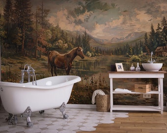 Vintage Landscape Wallpaper, Horse And Lake Scenic Wall Mural, Peel and Stick Boho, Oil Painting  Wallpaper, Peel And Stick Boho Wall Mural