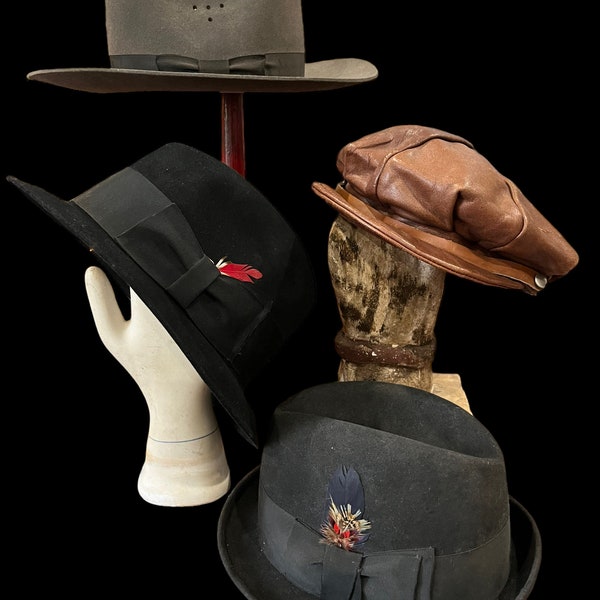 Vintage Lot 4 Men's Hats, Trooper Stratton, Cavanagh Fedora, Toronado Stetson, Leather Newsboy