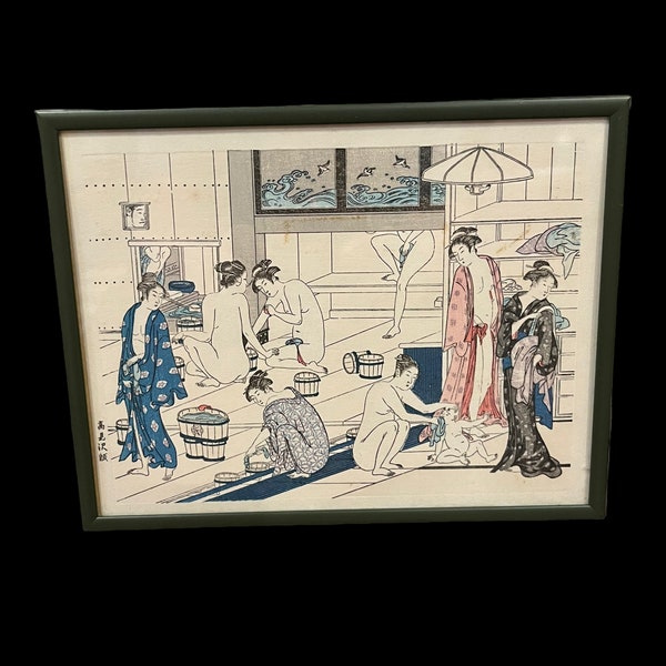 Vintage Colored Print Public Japanese Bathhouse by Torii Kiyonaga Bathhouse Art
