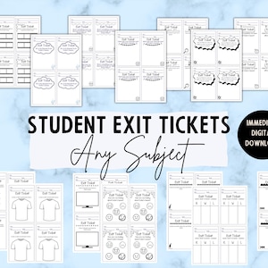 May include: A set of printable student exit tickets for any subject. The tickets feature various designs, including traffic lights, t-shirts, computer screens, smiley faces, KWL charts, and number lines. The text "STUDENT EXIT TICKETS" and "Any Subject" is displayed in black text on a white background.