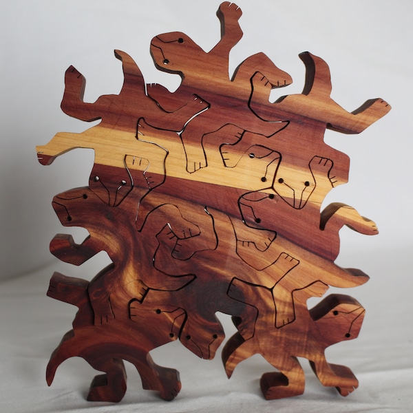 Lizards MC Escher Inspired Unique Artisan Crafted Wooden Interlocking Puzzle Gift, Wood Lizard Puzzle Gift