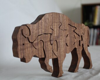 Bison (American Buffalo) Unique Artisan Crafted Wooden Interlocking Puzzle Gift, Wood Bison Buffalo Puzzle Gift