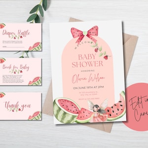 Pacote de convites para chá de bebê, melancia, rosa, verão, um em um melão, doce fatia de alegria, pequenos livros de agradecimento para fraldas de bebê, cartão de rifa
