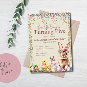 Easter Bunny Birthday Invitation: Floral Spring Party (Printable & Editable)