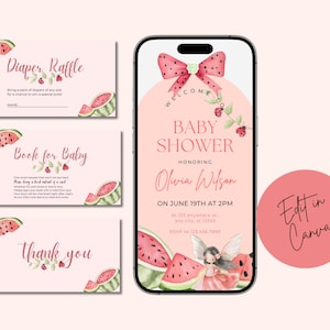 Pacchetto di inviti per baby shower, rosa anguria, estate, uno in un melone, dolce fetta di gioia, un piccolo tesoro è in arrivo, baci al melone e desideri per il bambino