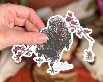 Crow With Berries (4 inch vinyl sticker) (Original Artwork) (Watercolor)
