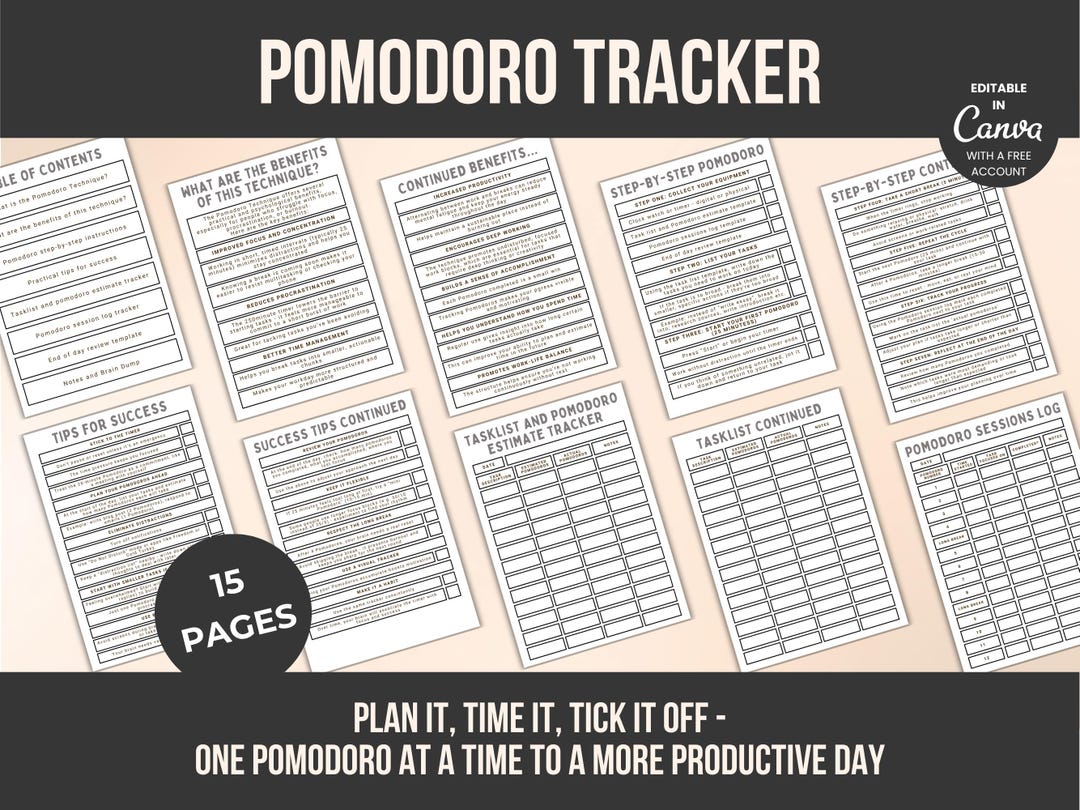 Pomodoro Tracker Printable Canva Template | Time Blocking Planner ...