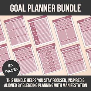 May include: A goal planner bundle featuring 83 pages of printable templates in a pink and white design. The bundle includes sections for goal overview, long-term goals, and manifestation milestones. The text reads "Goal Planner Bundle".