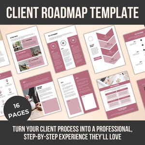 May include: A client roadmap template with a pink and white design. The template includes 16 pages with headings such as "Welcome" and "The 3-Step Roadmap". The text "Client Roadmap Template" is at the top, with the Canva logo.