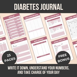 Könnte beinhalten: Eine Sammlung von druckbaren Diabetes-Journalseiten mit rosa und weißem Design. Das Journal enthält Abschnitte zur Blutzuckerverfolgung, Medikamenten, Terminen und mehr. Der Text auf dem Journal lautet "Diabetes Journal" und "Schreibe es auf, verstehe deine Zahlen und übernimm die Kontrolle über deinen Tag."