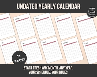 Calendario anual imprimible sin fechas / Plantilla minimalista para Canva (Descarga digital en PDF)