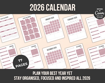 2026 Calendar Printable: Weekly, Monthly Planner (Canva Template)