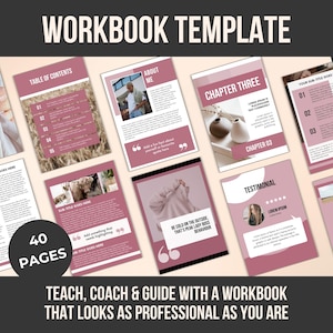 May include: A workbook template with a pink and white design. The pages include a table of contents, chapter headings, and testimonial sections. The cover reads "Workbook Lead Magnet Template". The workbook has 40 pages.