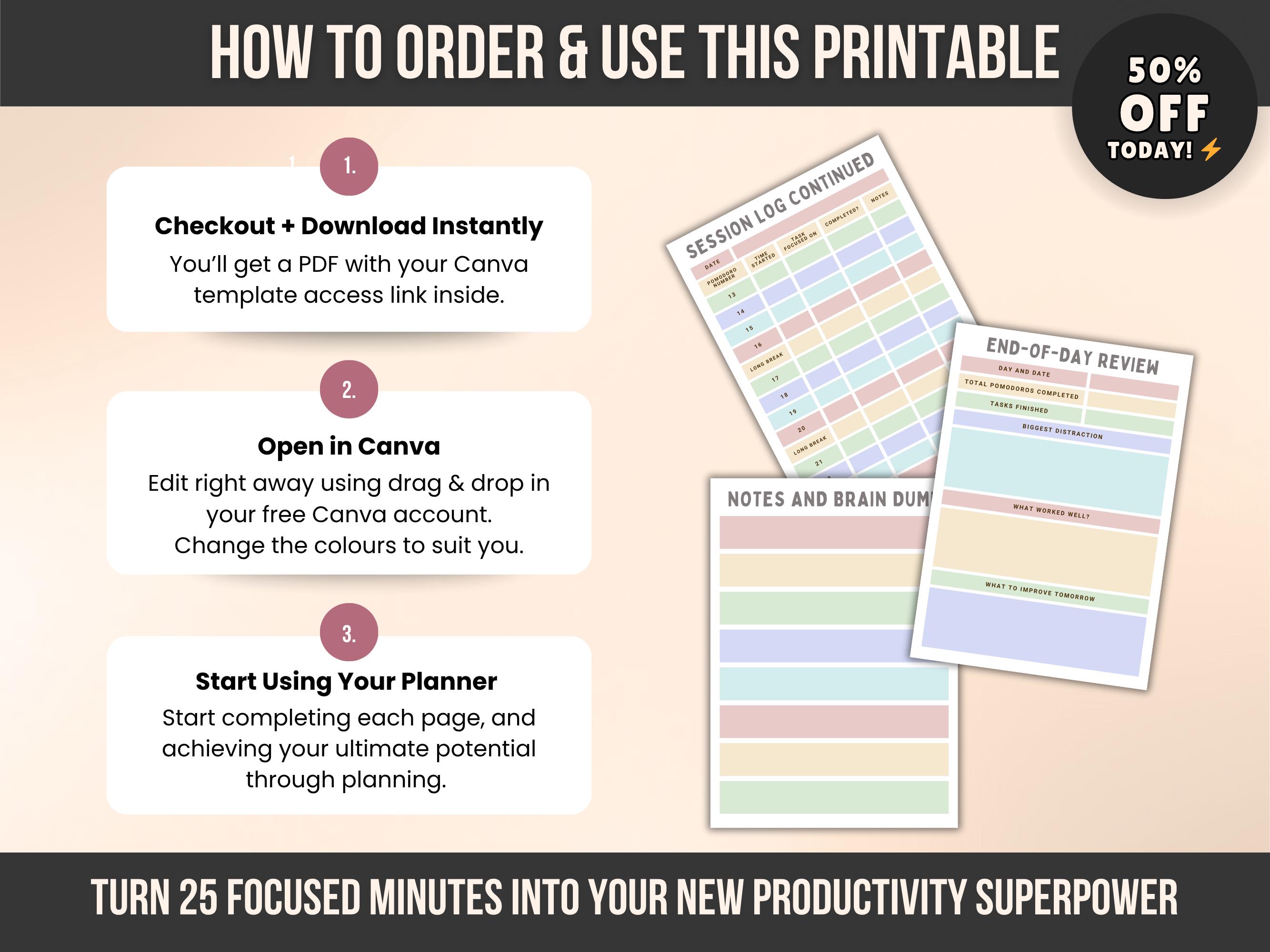 Pomodoro Tracker Printable | Canva Template, Productivity Planner ...