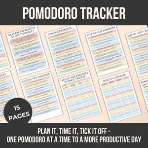 May include: A Pomodoro Tracker digital download with 15 pages, designed to help with time management and productivity. The pages include sections on benefits, step-by-step instructions, and a task list. The text "PLAN IT, TIME IT, TICK IT OFF - ONE POMODORO AT A TIME TO A MORE PRODUCTIVE DAY" is also included.