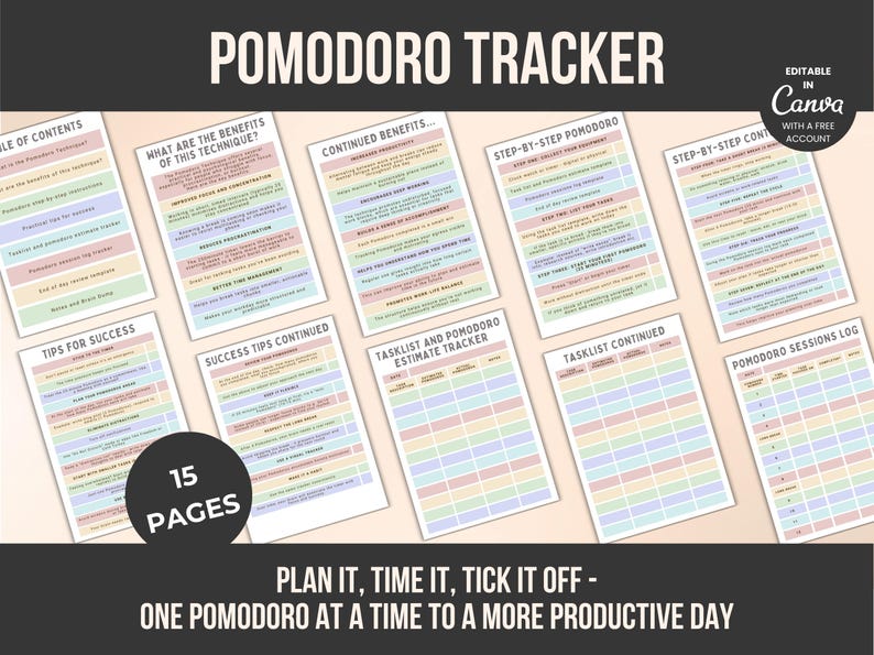 Pomodoro Tracker Printable | Canva Template, Productivity Planner ...