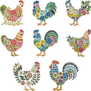 May include: A collection of eight embroidered rooster designs, each featuring intricate floral patterns. The roosters are depicted in various poses with vibrant colors including red, blue, yellow, green, and gold, showcasing detailed stitching of flowers and leaves.