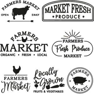 May include: A selection of black and white farmers' market signs. The signs display text including "Farmers Market," "Market Fresh Produce," and "Locally Grown Fruits & Vegetables." Illustrations include a cow, chicken, pig, and vegetables.