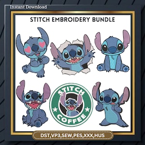 Disegno ricamo Stitch, ricamo Stitch Lilo, ricamo Stitch con caffè, ricamo Stitch con cuore, punto carino, ricamo a macchina