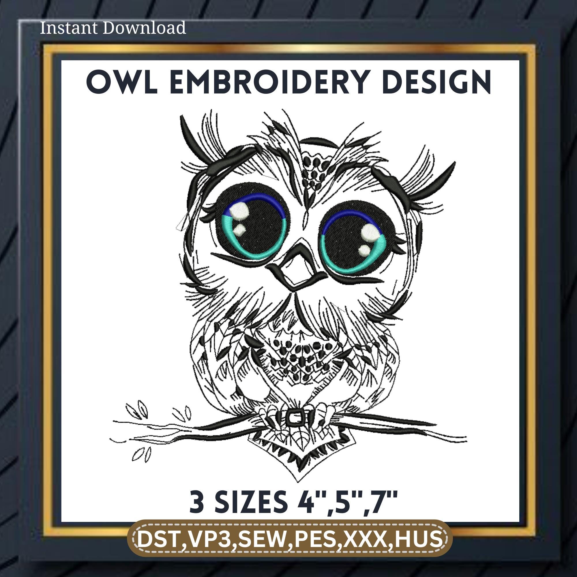 Elegant Mystic Owl Embroidery Design, Monochrome Wisdom Emblem for Dark Fabrics, Night Forest Bird, 