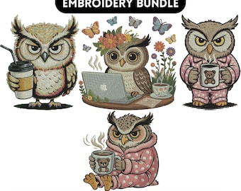 Owl Embroidery Design, Grumpy Owl Embroidery, Owl and flowers Motif, Midnight Owl Embroidery, Owl with Coffee, Machine embroidery design