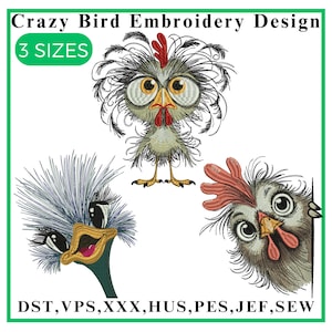 Motif de broderie drôle de poulet fou, Broderie d&#39;oiseaux fous, Broderie de poulet fou, Broderie de poulet mignon, Motif de broderie machine