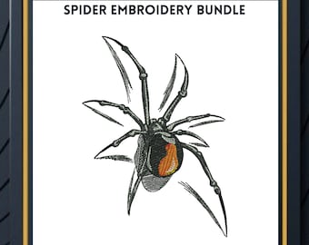 May include: Black spider embroidery design with orange accents. The spider is in a web-like design. The embroidery design is available in DST, VP3, SEW, PES, XXX, and HUS formats.