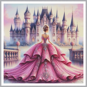 May include: A woman in a pink ball gown stands in front of a large, ornate castle. The castle has many towers and windows, and the sky is a soft pink and blue.