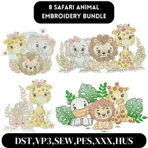 Safari embroidery design, Animals embroidery, Floral Animal Embroidery, Giraffe, Elephant, Lion, Hippo Embroidery, Machine embroidery design