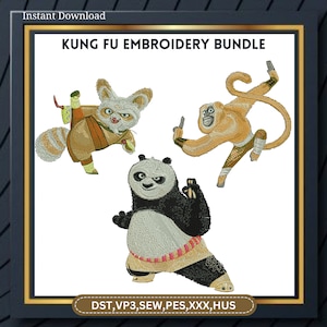Diseño de bordado de Kung Fu Panda Bordado de máquina de panda lindo Pandas abrazando Archivo de bordado Puntada de bordado de panda de corazón Bordado de panda