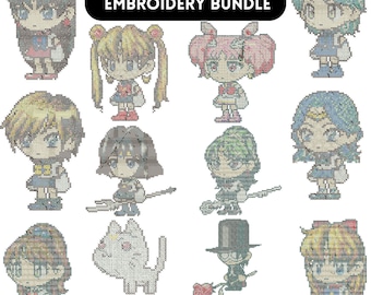 Può includere: Un set di 12 disegni di ricamo di personaggi anime in vari colori, tra cui blu, rosa, verde e giallo. I disegni sono in stile pixelato e presentano personaggi con occhi grandi e bocche piccole. Il testo "12+ ANIME EMBROIDERY BUNDLE" è nella parte superiore dell'immagine. Il testo "DST,VP3,SEW,PES,XXX,HUS" è nella parte inferiore dell'immagine.